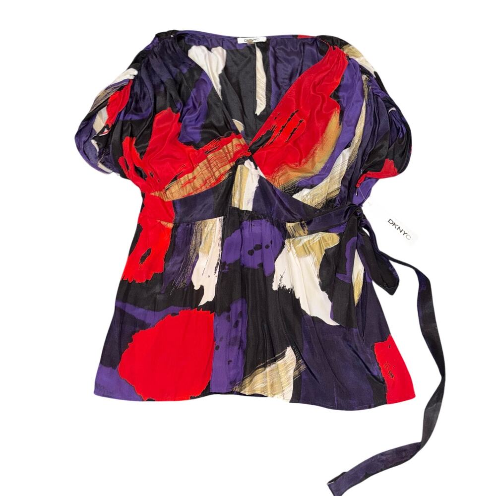 DKNYC Silk Wrap Top Abstract Artistic 14 Short Sleeve Blouse Luxury Designer